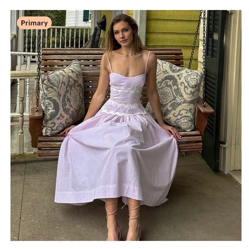 NWOT Classic Seersucker Midi Dress with Spaghetti Straps and Ric Rack Trim.